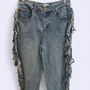 Nichole Lynel Shimmy Denim Fringe Jeans, Size M